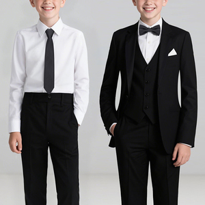 <b>Black</b> Adjustable Zipper Necktie Bow <b>Tie</b> Set With White Pocket Square School Uniform Accessories <b>Boys</b> Formal Wear - Product Image 5