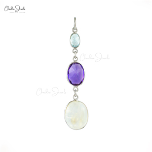 Pendentif tendance Chordia Jewels en argent sterling 925 avec trois pierres précieuses : améthyste naturelle, topaze bleue et pierre de lune, serti griffe - Product Image 2