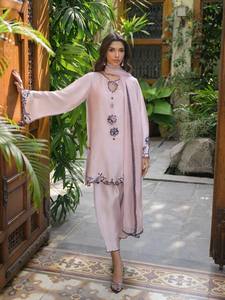 Ensemble tunique ample rose lilas de créateur 2026 avec bordure festonnée à appliques contrastantes, style pakistanais, robe à manches larges, vente en gros - Product Image 1