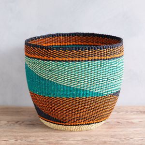 Handmade Traditional Craft Seagrass <b>Basket</b> with Teal and Brown Design Storage Laundry <b>Hamper</b> Container with Handles Bulk - Product Image 2
