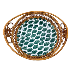 ถาดเสิร์ฟเซรามิกสีเขียวทำด้วยมือพร้อมด้ามหวายสานลายแปรงสำหรับรับประทานอาหารในบ้านหรือตกแต่งงานปาร์ตี้ - Product Image 3