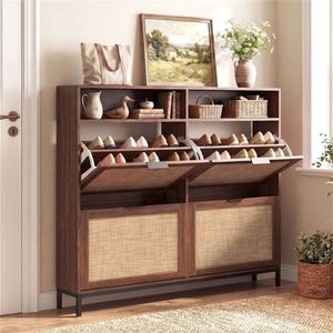 Boho Style Freestanding Shoe Cabinet Organizer with 4 Flip Drawers and <b>Open</b> Shelves for Entryway - Product Image 3