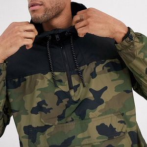 Custom OEM Wholesale Unisex Woodland <b>Camo</b> Half Zip Anorak <b>Windbreaker</b> Jacket Color Block Hooded Kangaroo Pocket Pullover - Product Image 2