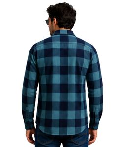 Teal Navy Plaid Men Flannel Shirt Long Sleeve Button <b>Down</b> Checkered Cotton Casual Shirt With Chest Pockets Streetwear Overshirt - Product Image 2