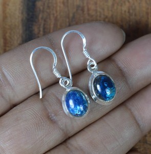 Genuine 925 Sterling Silver Handmade Bohemian <b>Earrings</b> Women Natural Blue Chrysocolla Oval Cabochon Gemstone Bezel Setting Wire - Product Image 5