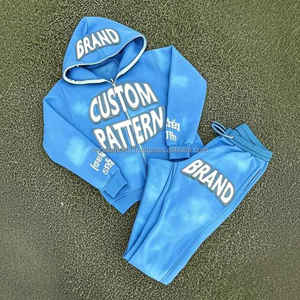 2025 Custom Men's Winter Tracksuit Set Acid Wash Zipper Puff Print Hooded Flare Sweatpants Hoodie with Solid Pattern Jogging - Product Image 3