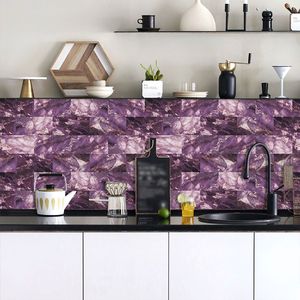 16 pezzi di mattonelle di marmo in PVC lucido impermeabile viola fantasia Peel Stick pannelli carta da parati per la cucina camino decorazione della casa - Product Image 2