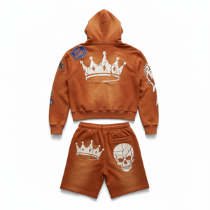 Conjunto de Sudadera con Capucha y Pantalones Cortos Unisex Personalizado, Estilo Vintage Desgastado, con Apliques y Parches, Diseño Gráfico Urbano, Fabricante OEM ODM, Marca Privada, B2B - Product Image 2