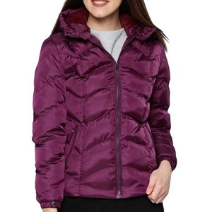 Women's Purple <b>Quilted</b> Hooded Puffer Jacket Full Sleeve Zipper Closure Winter Coat Solid Color Polyester <b>Wadding</b> - Product Image 1