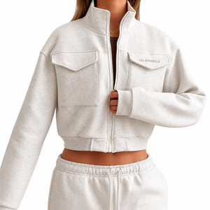 Custom Women's <b>Cropped</b> <b>Zip</b> <b>Up</b> Fleece Jacket Stand Collar Chest Pocket OEM Supplier Custom Logo Polyester Cotton Blend - Product Image 1