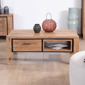 Vandana Golden Structure Mesa de centro rectangular reversible en madera maciza de acacia con cajones y ribete negro Fantasy 110cm - Product Image 1