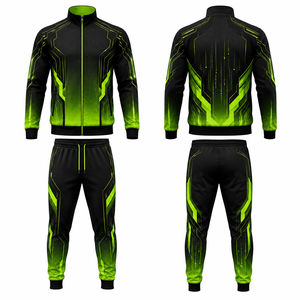 Conjunto Deportivo para Hombre, Negro y Verde, con Diseño Geométrico, Chaqueta con Cierre Completo, Pantalones para Correr, Secado Rápido, Poliéster, para Otoño, con Bolsillos Laterales - Product Image 1