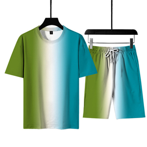 Conjunto de Camiseta de Manga Corta con Cuello Redondo y Color Degradado para Hombre, de Secado Rápido, Informal, para Verano, con Pantalones Cortos, 100% Poliéster, Cierre con Cordón - Product Image 1