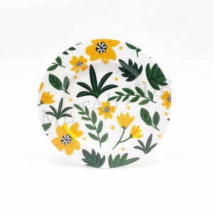 Assiette de présentation ronde en acier inoxydable à motif floral de feuilles de jardin, avec décorations en émail jaune - Product Image 4