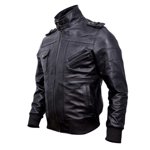 HARAZ Blouson moto slim coupe droite en cuir véritable noir pour homme, coupe-vent, col montant, fermeture éclair frontale, couleur unie, style urbain - Product Image 3