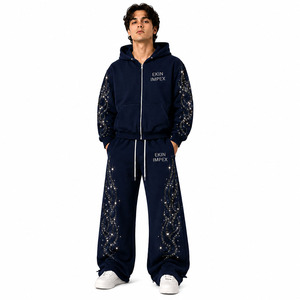 Ensemble de survêtement de luxe pour homme avec strass, sweat à capuche zippé et pantalon de jogging, logo personnalisé, vente en gros OEM, fabricant de streetwear haut de gamme - Product Image 1