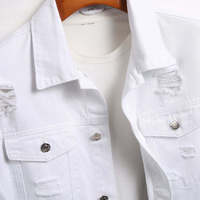 Veste pour homme, vente en gros, unisexe, vêtement d'extérieur d'automne, col montant enduit, veste en jean déchiré blanc premium