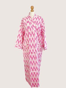 Bata Larga para Mujer, Estampado Geométrico Rosa, Manga Larga, Cuello en V, Suave, Informal, para Primavera, 100% Algodón Tejido - Product Image 2