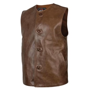 Chaleco de Motociclista de Cuero Genuino Marrón, Estilo Vintage, Sin Mangas, con Cuello Mao y Cierre Tradicional con Botones de Palanca - Product Image 4