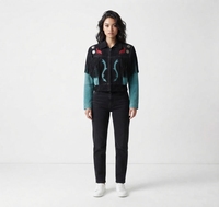 Blouson bomber en daim noir à franges avec design brodé, manches longues, col rabattu, longueur courte pour femme, automne