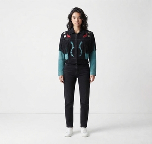 Chaqueta Bomber Negra de Gamuza con Flecos y Diseño Bordado, Manga Larga, Cuello Camisero, Corta, para Mujer, Otoño - Product Image 2