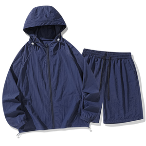 <b>Men's</b> Black Hooded Zipper Windbreaker <b>Jacket</b> and Woven Shorts Set Casual <b>Summer</b> Breathable Quick Dry 100% Nylon - Product Image 1
