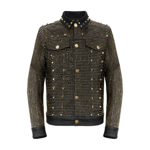 Premium Men's Winter Denim <b>Rhinestone</b> <b>Jacket</b> with Stand Collar and Front Logo Stylish Sparkle for Casual Fashion - Product Image 1