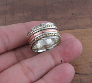 Wholesale 925 Sterling <b>Silver</b> Brass <b>Spinner</b> <b>Ring</b> Two Tone Dotted Meditation Band Handmade Anti-Stress Fidget <b>Ring</b> for Men - Product Image 5