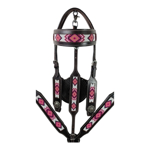 Conjunto de cabezada y pechopetral de cuero estilo western para caballo con cuerda de guía, costuras de diamante rosa y cierre de hebilla ajustable - Product Image 6
