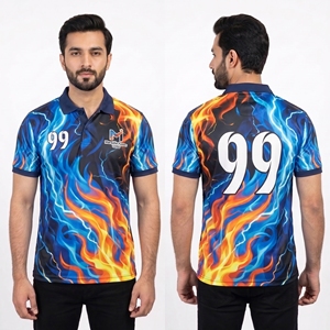 Maillot de cricket personnalisé Australie, col polo, sublimation, uniforme d'équipe, séchage rapide, respirant, design bleu-orange, OEM - Product Image 1