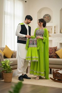 Salwar Kameez vert brodé géométrique pour femme, manches longues, longueur cheville, en rayonne, robe ethnique de mariage Inde Pakistan Printemps - Product Image 3