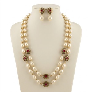 Luxury 2 Layer Pearl Beaded Necklace Set Gold Plated Antique Floral Ruby Stone Statement Jewelry with Matching Earrings - Product Image 1