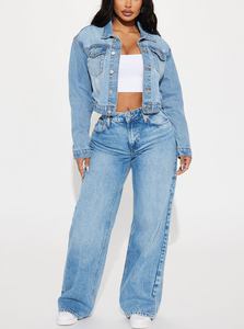 Women's <b>Cropped</b> <b>Denim</b> <b>Jacket</b> Light Wash Jean <b>Jacket</b> Casual Streetwear Custom OEM ODM Premium Fashion Outerwear Made in Pakistan - Product Image 2