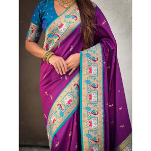 ผ้าไหมพิมพ์ลายราชันส์ ปาธานี สีม่วงอ่อน น้ำหนัก 650 กรัม แบรนด์อีลิท วีฟส์ เสื้อผ้าอินเดียและปากีสถาน - Product Image 1