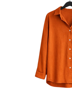 Ensemble deux pièces en lin orange brûlé pour femme, chemise à manches longues boutonnée et pantalon large à taille élastique, tenue décontractée - Product Image 3