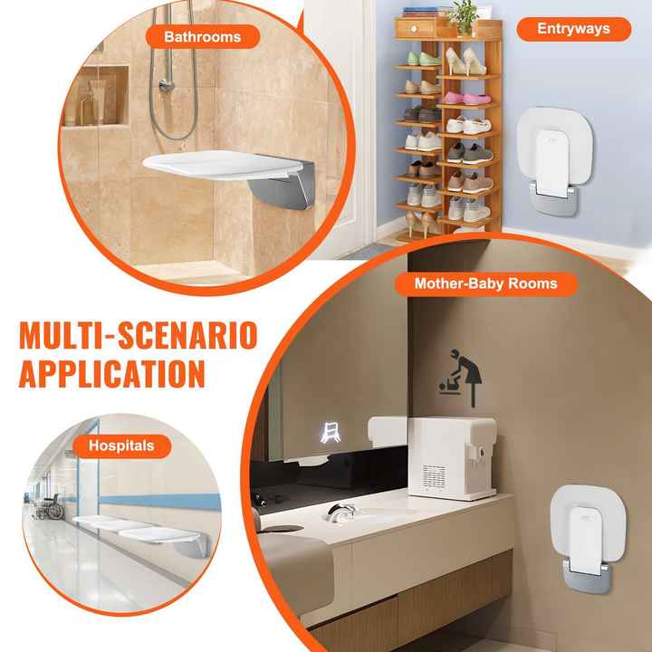 Urea-Formaldehyde Wall-Mounted Foldable Shower Bench 13.6''x12.8'' Space Saving Folding Shower Seat for Seniors Children Adults