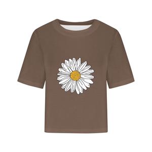 Plus Size Workout Crop <b>Top</b> Three Quarter Sleeve Crew Neck T-Shirt With Daisy Flower Print For Adults Casual Short Sleeve - Product Image 3