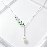 Collier en Y personnalisé avec feuille verte et perle, chaîne en argent, pendentif botanique en zircone marquise pour femme, bijoux élégants en gros