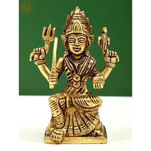 Petite sculpture en laiton de 5 pouces faite à la main de Santoshi Mata assis sur un piédestal Idol - Product Image 1
