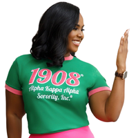 T-shirt décontracté pour femme en coton premium, respirant et écologique, avec bordure rose en chenille et broderie de lettres grecques vert-rose, idéal pour l'été