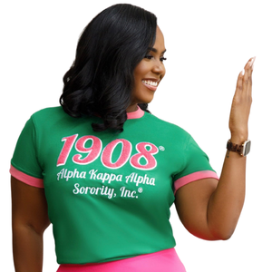 T-shirt en chenille 1908 à bordure rose, broderie de lettres grecques vertes et roses, en coton premium, décontracté, pour tenue de sororité - Product Image 3