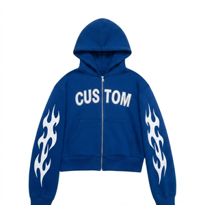 Sudadera con capucha azul personalizada con mangas con diseño de llamas blancas y bolsillo frontal con cremallera, sudadera para hombre, ropa informal de otoño para hombre - Product Image 1