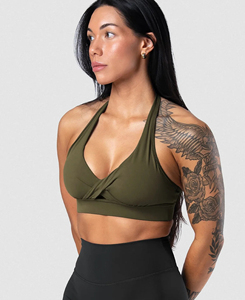 Nouveau soutien-gorge de sport halter torsadé vert olive pour femme, col en V profond, maintien moyen, sans coutures, pour yoga et fitness, couleur unie - Product Image 1