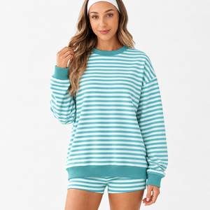 Ensemble deux pièces rayé à col rond pour femme, sweat-shirt à manches longues, short décontracté assorti, tenue streetwear décontractée - Product Image 6