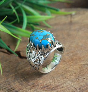 Natural <b>Turquoise</b> <b>Ring</b> 925 Sterling Silver Handmade Blue <b>Turquoise</b> Gold Matrix Statement <b>Ring</b> Vintage Filigree Boho Jewelry - Product Image 3