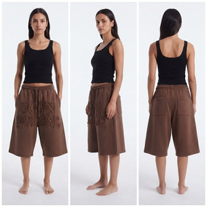 Pantalones Cortos de Felpa Gruesa para Mujer, Estilo Baggy, Largos hasta la Rodilla, con Bordado Desgastado, 450 GSM, de Tejido Terry - Product Image 5