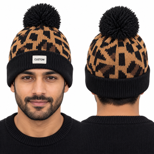 Bonnet en tricot imprimé léopard avec pompon et logo personnalisé, casquette d'hiver à revers motif animal, style streetwear, vente en gros B2B - Product Image 5