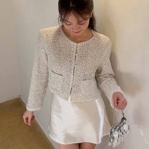 Elegante Conjunto de Chaqueta y Minifalda de Tweed Blanco Sólido para Fiesta y Cita Nocturna, 100% Poliéster Transpirable - Product Image 1
