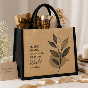 Natural Eco-Friendly Jute <b>Tote</b> <b>Bag</b> 12x16x6 Inches Cotton Padded Handle Be the <b>Change</b> Design - Product Image 4