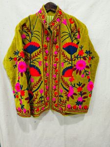 Chaqueta de Terciopelo con Bordado Floral, Cuello Mandarín, Manga Larga, Abrigo para Mujer, Diseño de Bordado a Mano, Temporada de Primavera, Largo Regular - Product Image 1